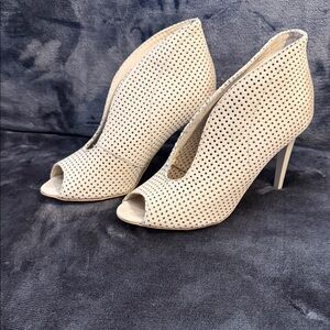 Peep-Toe Perforated High Heel Booties in Light Beige